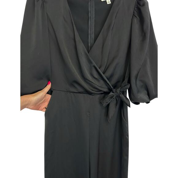 She + Sky Satin Wide Leg Jumpsuit Black Faux-Wrap Balloon Sleeve Size L - Picture 5 of 12